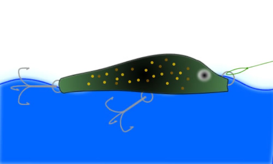A drawing of a wooden jerkbait with two treble hooks.